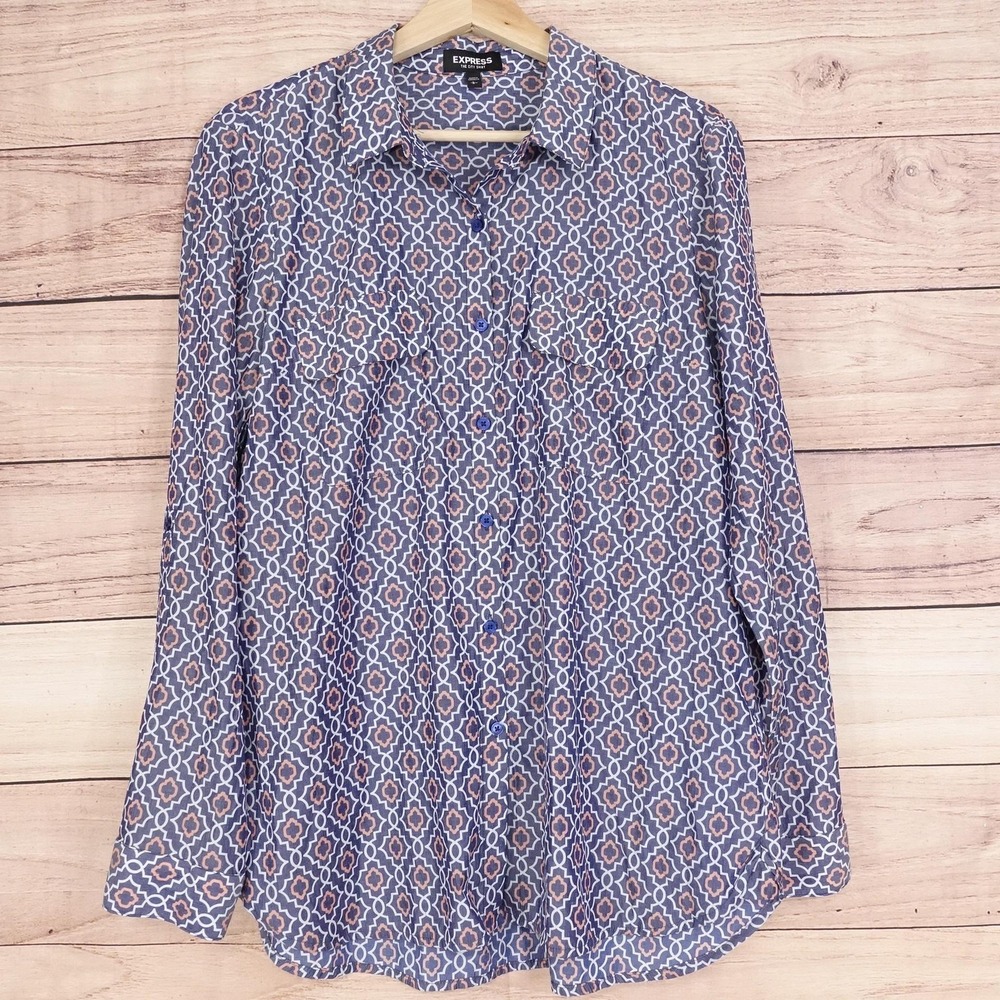 Express Shirt Womens Large Blue Geometric Print Button Front Long Sleeve
